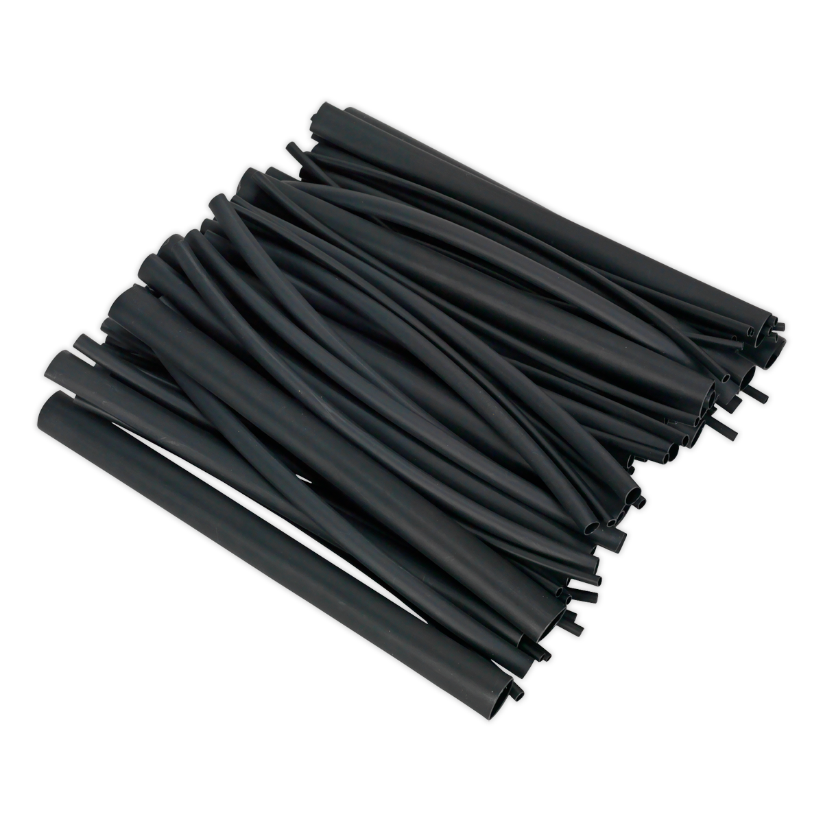 A collection of Sealey's Heat Shrink Tubing Assortments (72 pieces) in black, adhesive-lined, and RoHS compliant, each 200mm long, is arranged together in an overlapping manner.