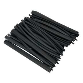 A collection of Sealey's Heat Shrink Tubing Assortments (72 pieces) in black, adhesive-lined, and RoHS compliant, each 200mm long, is arranged together in an overlapping manner.