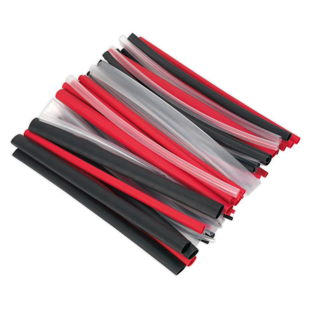 The Sealey Heat Shrink Tubing Assortment, Model HSTAL72MC, includes 72 pieces of adhesive-lined, RoHS compliant tubing in black, red, and clear colors. These waterproof tubes have a practical shrink ratio of 3:1 and are neatly arranged in an overlapping pile. Each piece measures 200mm.