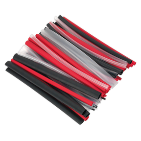 The Sealey Heat Shrink Tubing Assortment, Model HSTAL72MC, includes 72 pieces of adhesive-lined, RoHS compliant tubing in black, red, and clear colors. These waterproof tubes have a practical shrink ratio of 3:1 and are neatly arranged in an overlapping pile. Each piece measures 200mm.