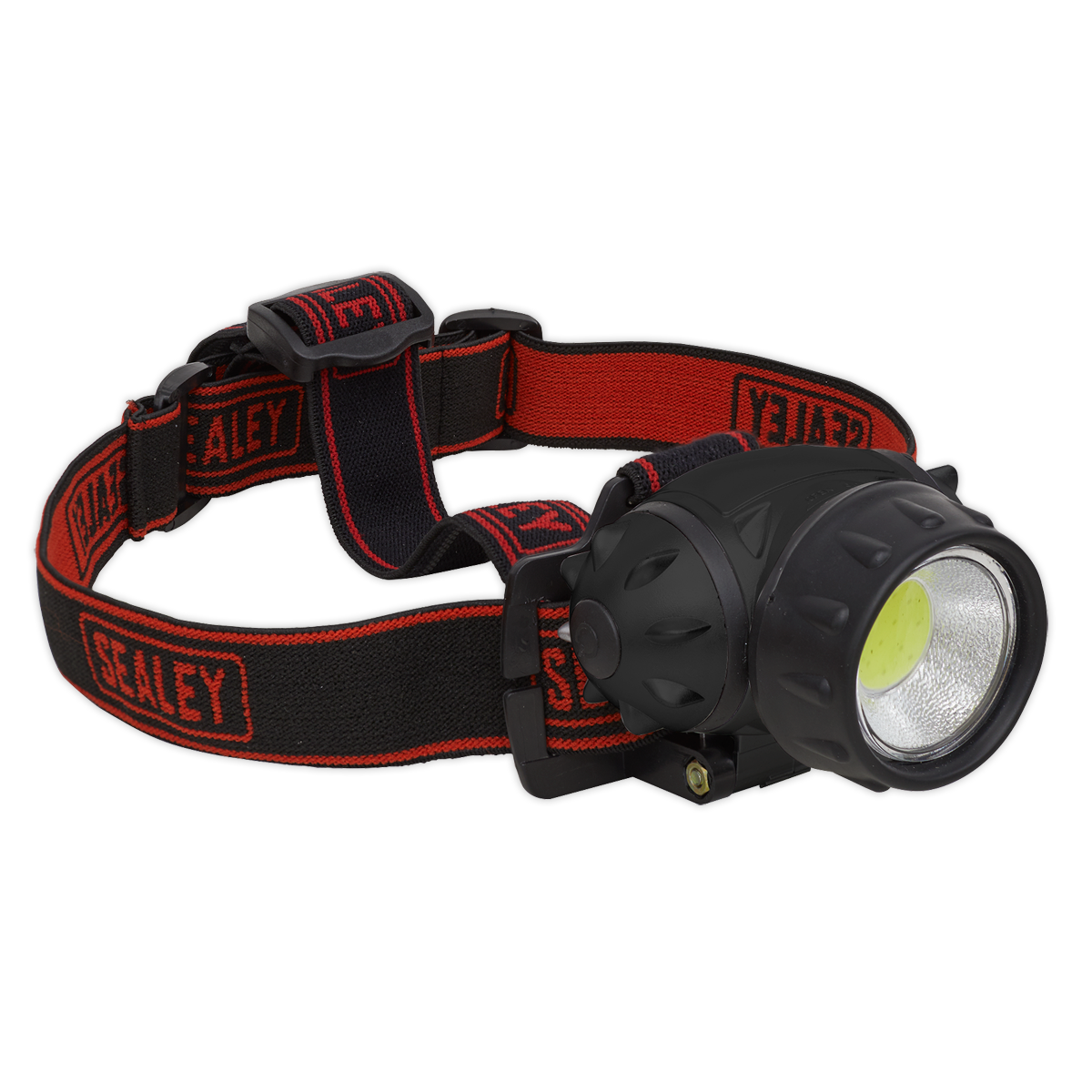 A black and red headlamp with an adjustable headband, branded "Sealey" on the band, featuring a hands-free LED spotlight that shines at 200 lumens, is known as the Head Torch 3W COB LED - HT101.