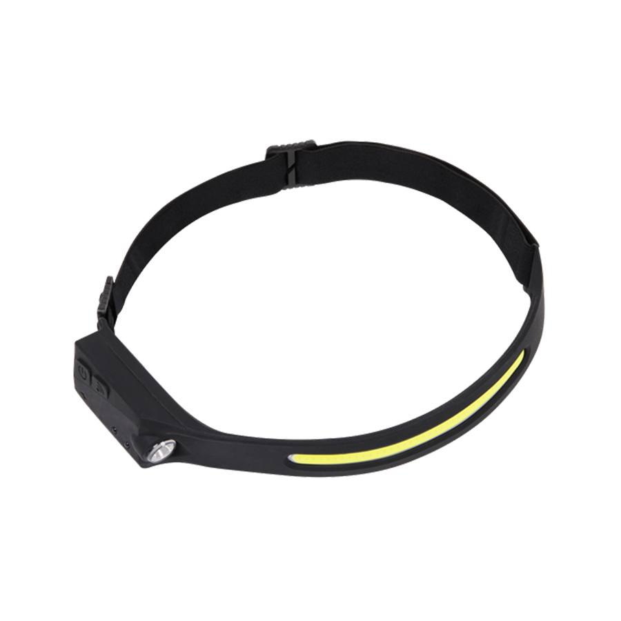 The Sealey Head Torch 5W COB & 3W LED Bulb with Auto-Sensor Rechargeable - HT104R features a black design, an adjustable strap, a side switch, and a rechargeable Li-Polymer battery for extended use.