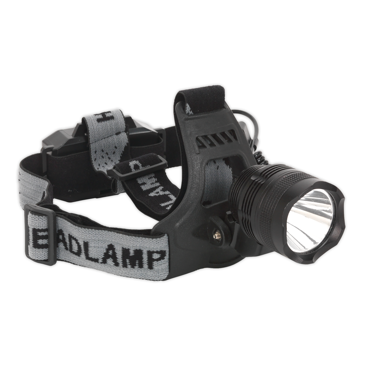 The Sealey Head Torch 3W SMD LED Rechargeable - HT105LED features an adjustable headband with the text "HEADLAMP" on the strap. It boasts a bright SMD LED spotlight and includes a rechargeable lithium-ion battery for extended use.