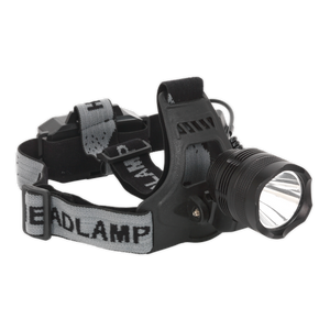 The Sealey Head Torch 3W SMD LED Rechargeable - HT105LED features an adjustable headband with the text "HEADLAMP" on the strap. It boasts a bright SMD LED spotlight and includes a rechargeable lithium-ion battery for extended use.