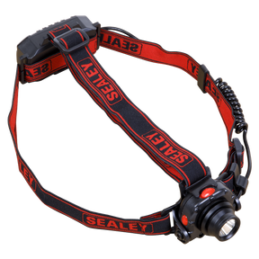 The Sealey Head & Hat Torch with Auto-Sensor 3W SMD LED - HT106LED features a central LED light, an adjustable black and red strap, and a rechargeable battery pack at the rear.