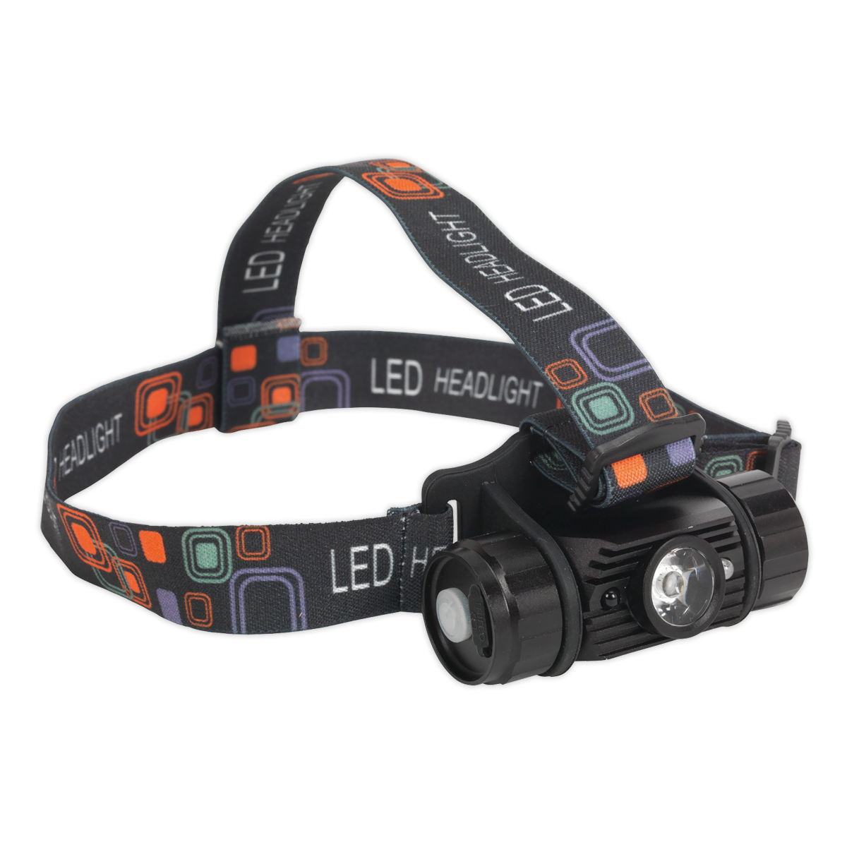 The Sealey Rechargeable Head Torch 5W SMD LED Auto-Sensor - HT108LED includes a patterned adjustable strap, a hands-free LED spotlight with two lights, and an adjustable inclination. This model is labeled "LED Headlight" and features a rechargeable battery for convenience and versatility.