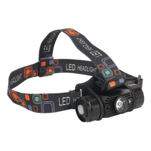 The Sealey Rechargeable Head Torch 5W SMD LED Auto-Sensor - HT108LED includes a patterned adjustable strap, a hands-free LED spotlight with two lights, and an adjustable inclination. This model is labeled "LED Headlight" and features a rechargeable battery for convenience and versatility.