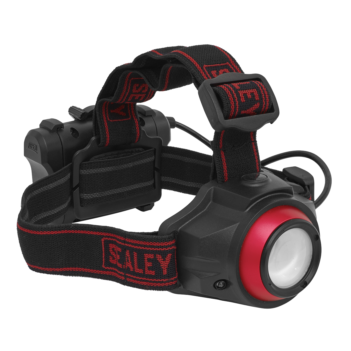 The Sealey Rechargeable Head Torch 5W COB LED Auto-Sensor - HT111R is a black and red headlamp featuring an adjustable headband and a large front light. The strap, adorned with the brand name "Sealey" in red, ensures a secure fit. This hands-free LED spotlight is perfect for any task requiring both hands.