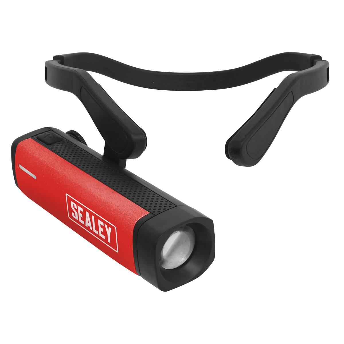 A Sealey Rechargeable Head Torch 2.5W SMD LED - HT301R, featuring a red and black design with a 250/150lm output, is displayed. It includes an adjustable black strap and a rectangular shape with a single round light at one end. The headlamp also supports USB Type-C charging for convenient power options.