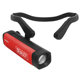 A Sealey Rechargeable Head Torch 2.5W SMD LED - HT301R, featuring a red and black design with a 250/150lm output, is displayed. It includes an adjustable black strap and a rectangular shape with a single round light at one end. The headlamp also supports USB Type-C charging for convenient power options.