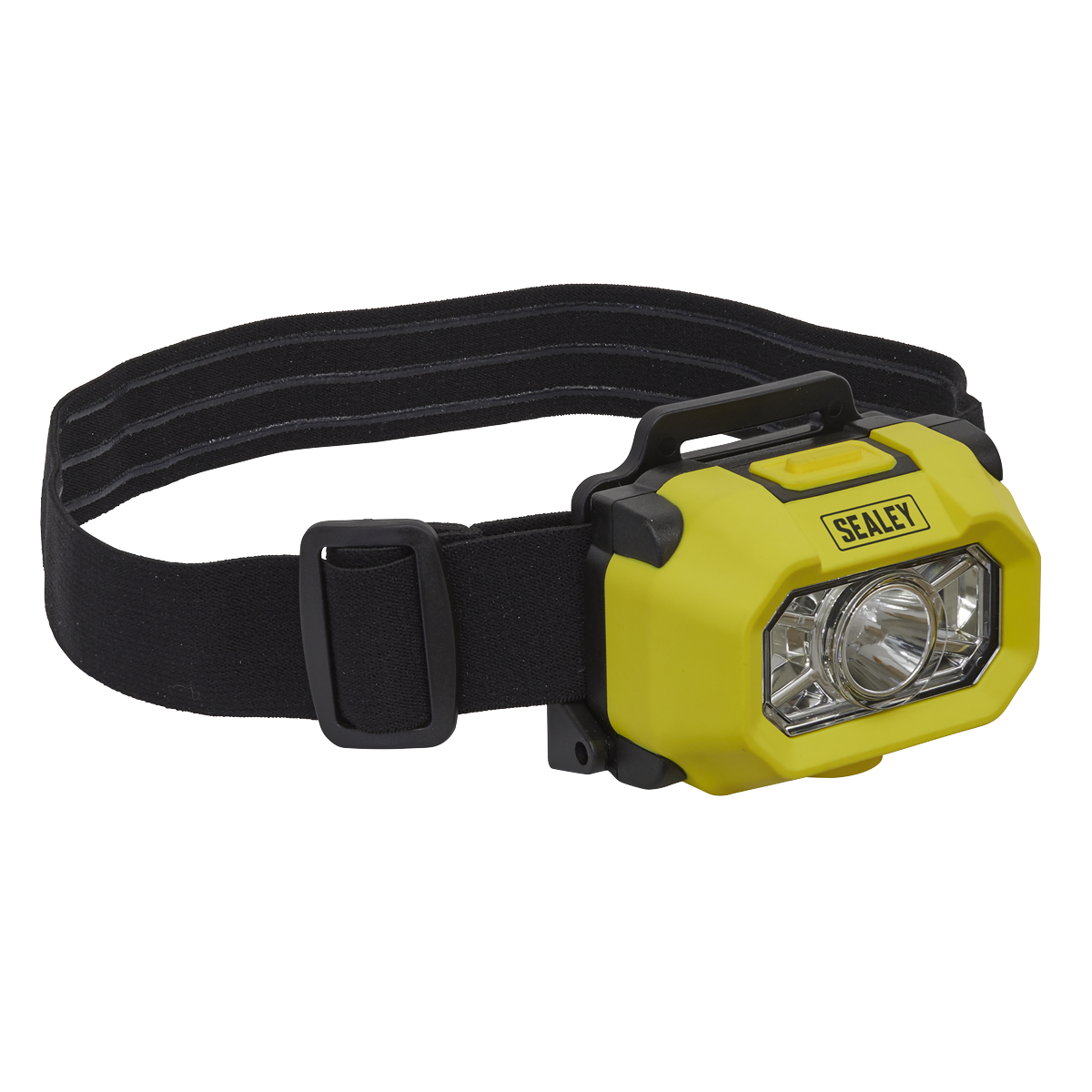 This Sealey head torch, model HT452IS, is yellow and black and features a high-power SMD LED flashlight, an adjustable black head strap, and a single large light in the center. It is also Intrinsically Safe ATEX/IECEx approved for added safety.