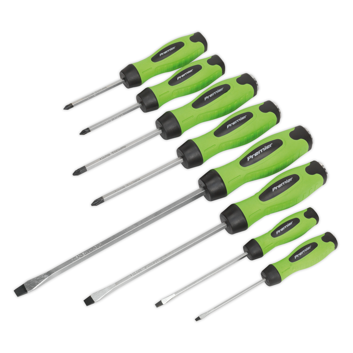 A set of eight Sealey Premier Hand Tools screwdrivers, model HV002 Hammer-Thru Hi-Vis Green, with green and black ergonomic handles, crafted from durable Chrome Vanadium steel, arranged in descending order of size.