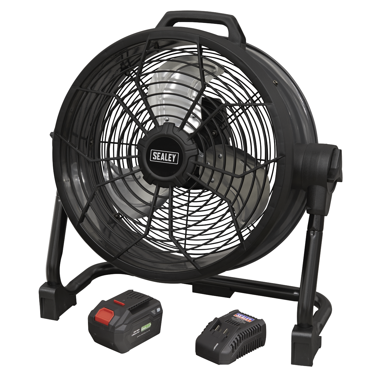 A black Sealey 2-in-1 Cordless/Corded 16" High Velocity Drum Fan from the SV20 Series (HVD16CCOMBO) is shown with an accompanying battery pack and charger on a white background. This versatile fan ensures powerful airflow in any setting.