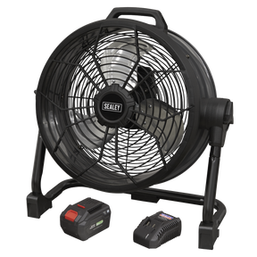 A black Sealey 2-in-1 Cordless/Corded 16" High Velocity Drum Fan from the SV20 Series (HVD16CCOMBO) is shown with an accompanying battery pack and charger on a white background. This versatile fan ensures powerful airflow in any setting.