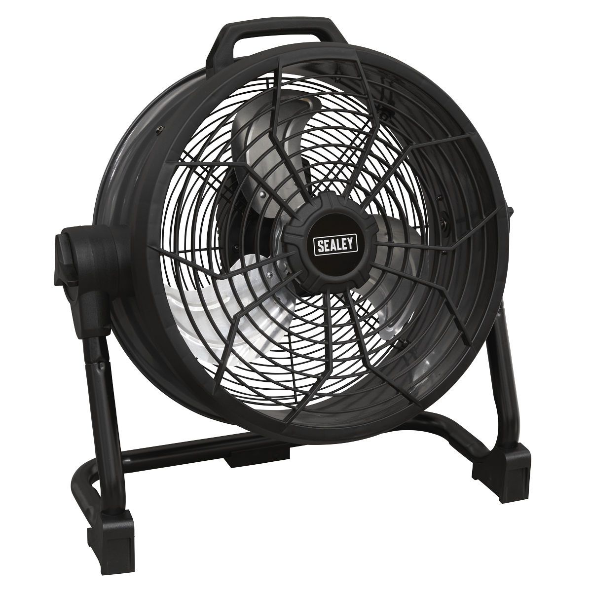 The Sealey 2-in-1 Cordless/Corded High Velocity Drum Fan 16" 230V/20V SV20 Series (HVD16C), featuring a black finish, protective grille, and convenient top handle, stands on a sturdy frame. This portable and robust unit is engineered for versatility and durability in demanding environments.