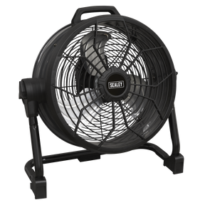 The Sealey 2-in-1 Cordless/Corded High Velocity Drum Fan 16" 230V/20V SV20 Series (HVD16C), featuring a black finish, protective grille, and convenient top handle, stands on a sturdy frame. This portable and robust unit is engineered for versatility and durability in demanding environments.