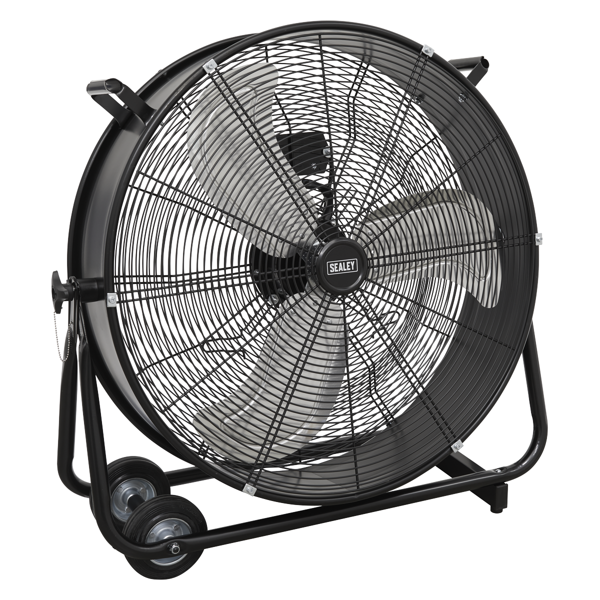 The Sealey Industrial High Velocity Drum Fan 24" 230V - HVD24 features a 2-speed option, heavy-duty steel casing with metal grates, and three blades. The Sealey label is positioned at the center. This high-velocity drum fan includes a robust black frame with wheels for mobility and a handle for easy transport.