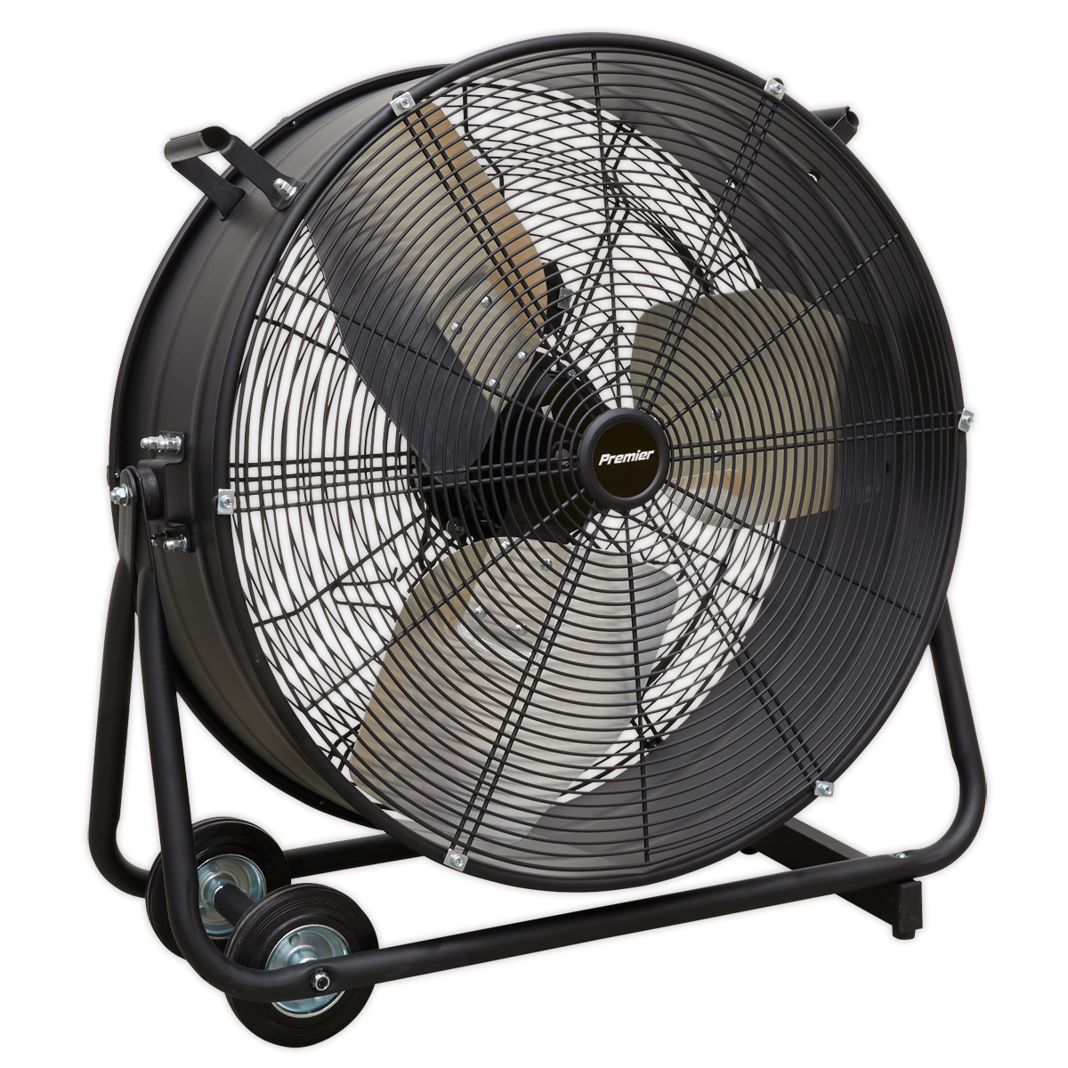 Introducing the Sealey Industrial High Velocity Drum Fan 24" 230V - Premier - HVD24P, a high-efficiency fan with a black heavy-duty gauge steel casing, protective grille, and two wheels for easy mobility. It features three visible blades designed for maximum airflow and proudly displays the "Premier" logo at its center.