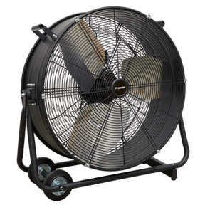 Introducing the Sealey Industrial High Velocity Drum Fan 24" 230V - Premier - HVD24P, a high-efficiency fan with a black heavy-duty gauge steel casing, protective grille, and two wheels for easy mobility. It features three visible blades designed for maximum airflow and proudly displays the "Premier" logo at its center.