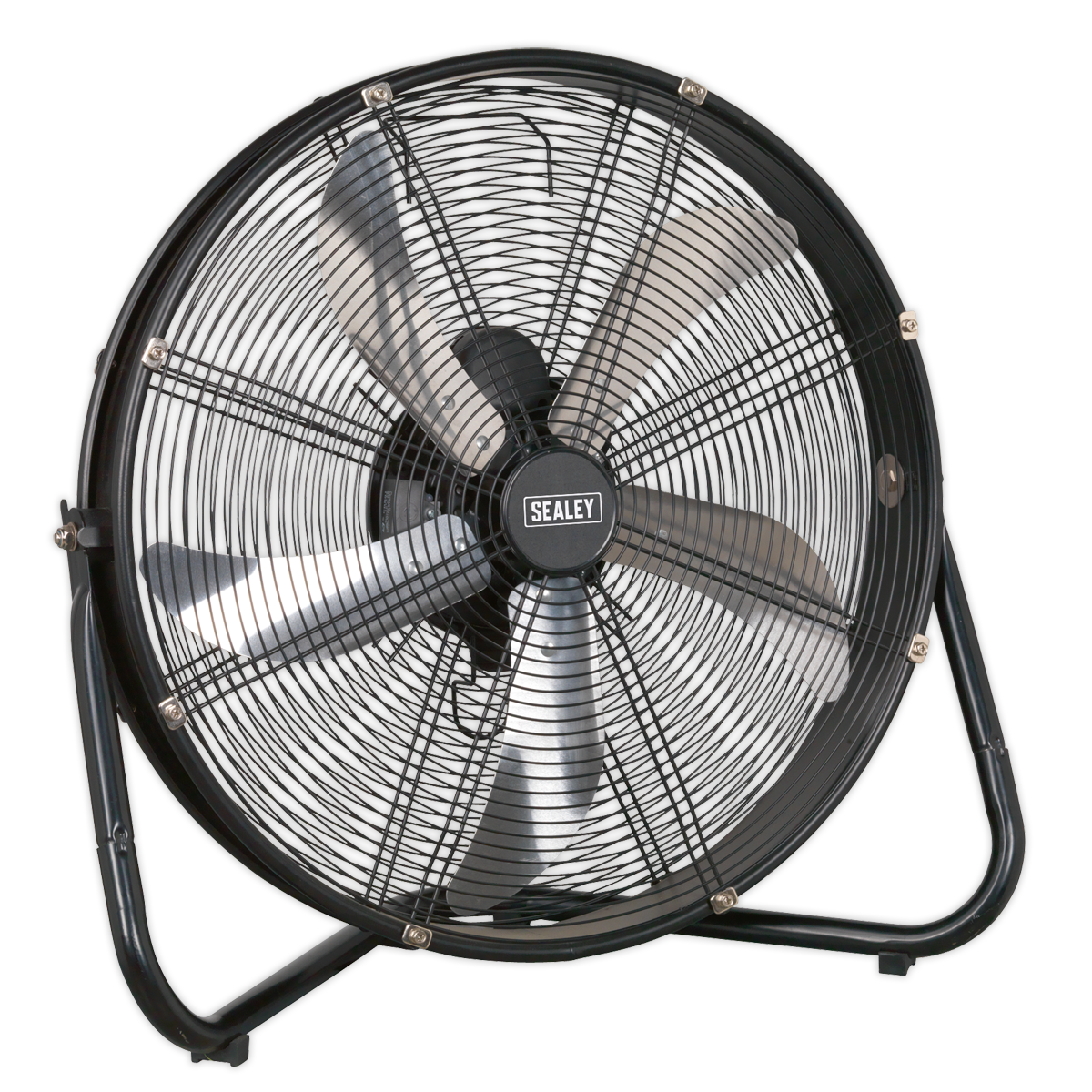 A Sealey Industrial High Velocity Floor Fan 20" 230V - HVF20 with four metallic blades is shown. The high velocity fan is supported by a sturdy frame and has 3-speed settings for maximum airflow. The central grill prominently displays the brand name, Sealey, in the middle.