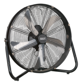 A Sealey Industrial High Velocity Floor Fan 20" 230V - HVF20 with four metallic blades is shown. The high velocity fan is supported by a sturdy frame and has 3-speed settings for maximum airflow. The central grill prominently displays the brand name, Sealey, in the middle.