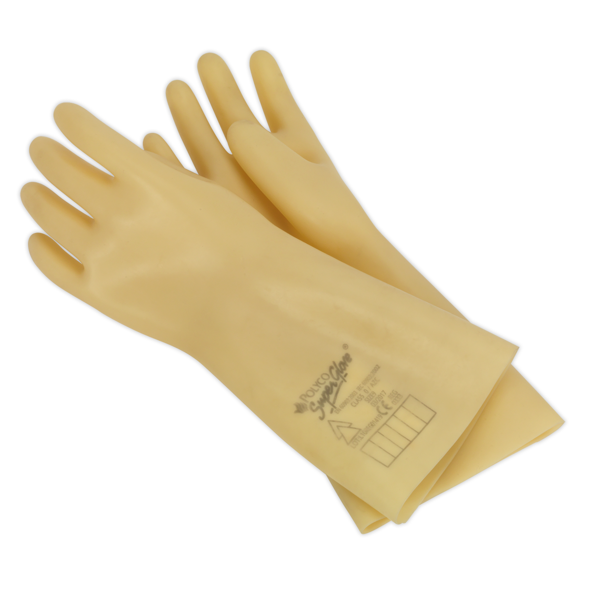 A pair of Sealey Electrician's Safety Gloves 1kV - HVG1000VL in yellow with black trim, laying flat. One glove features text and symbols specifying safety measures, making them ideal for electricians working on hybrid and electric vehicles.