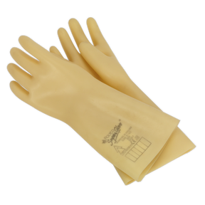 A pair of Sealey Electrician's Safety Gloves 1kV - HVG1000VL in yellow with black trim, laying flat. One glove features text and symbols specifying safety measures, making them ideal for electricians working on hybrid and electric vehicles.