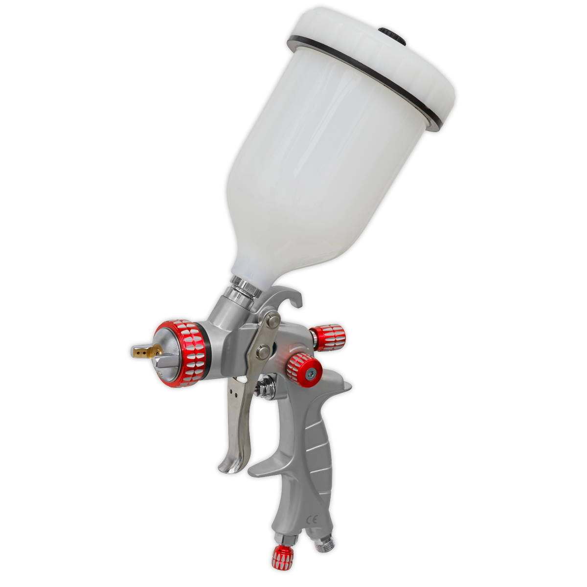 The Sealey HVLP Gravity Feed Spray Gun - 1.3mm Set-Up (Model HVLP01) features a white paint container, red adjustment knobs, and a metallic nozzle, making it ideal for precise application of base coats.