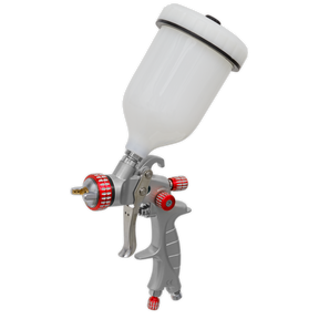 The Sealey HVLP Gravity Feed Spray Gun - 1.3mm Set-Up (Model HVLP01) features a white paint container, red adjustment knobs, and a metallic nozzle, making it ideal for precise application of base coats.