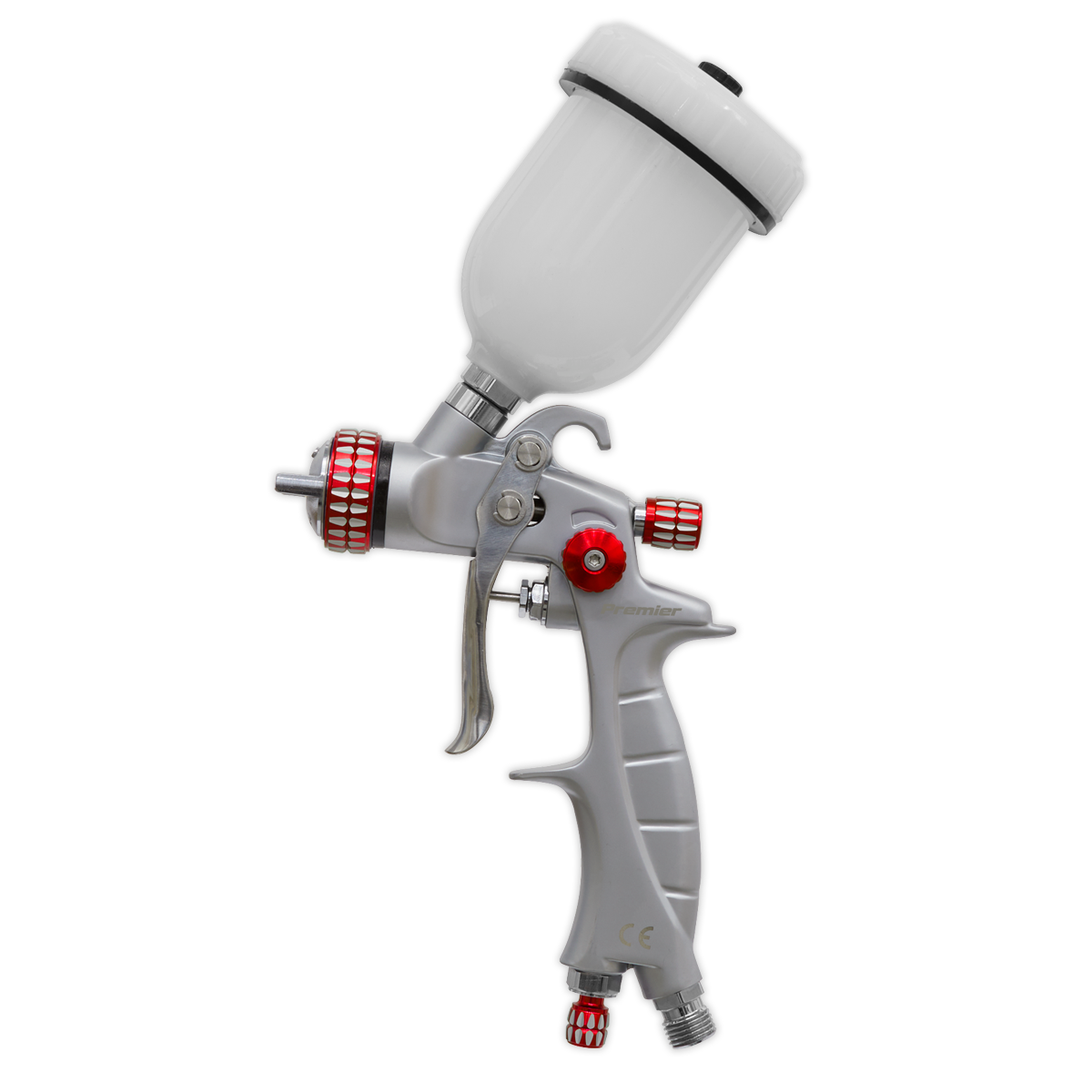 The Sealey HVLP Gravity Feed Touch-Up Spray Gun - 1mm Set-Up (HVLP04) comes in silver with a white paint reservoir, red adjustment knobs, and HVLP technology. It features a stainless steel needle and nozzle.