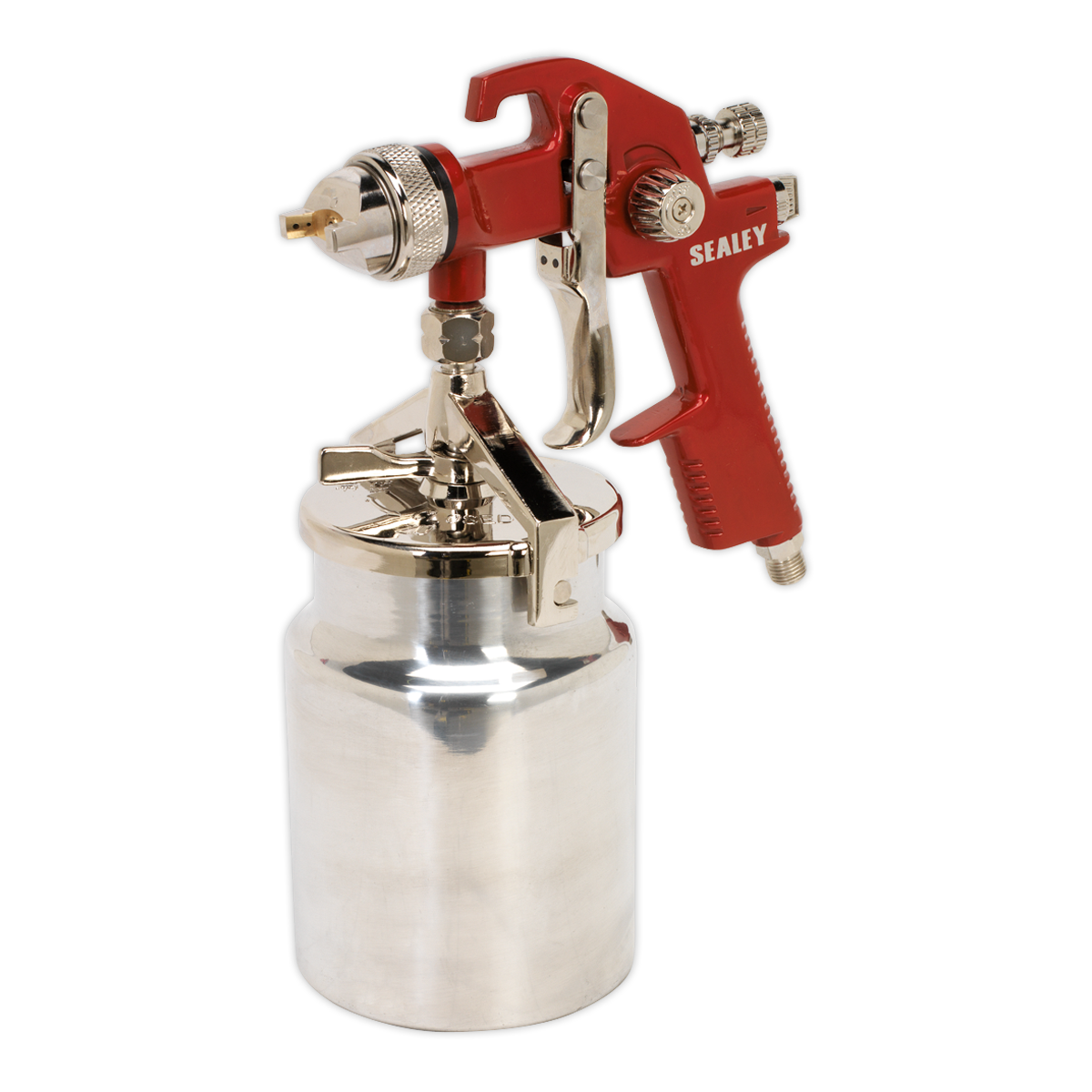 The Sealey HVLP740 Suction Feed Spray Gun with a 1.7mm set-up, in red and silver, features a top-mounted trigger and an attached metal paint container, offering precision in spray pattern application.