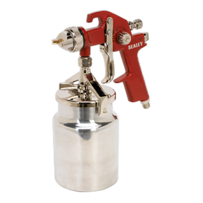 The Sealey HVLP740 Suction Feed Spray Gun with a 1.7mm set-up, in red and silver, features a top-mounted trigger and an attached metal paint container, offering precision in spray pattern application.