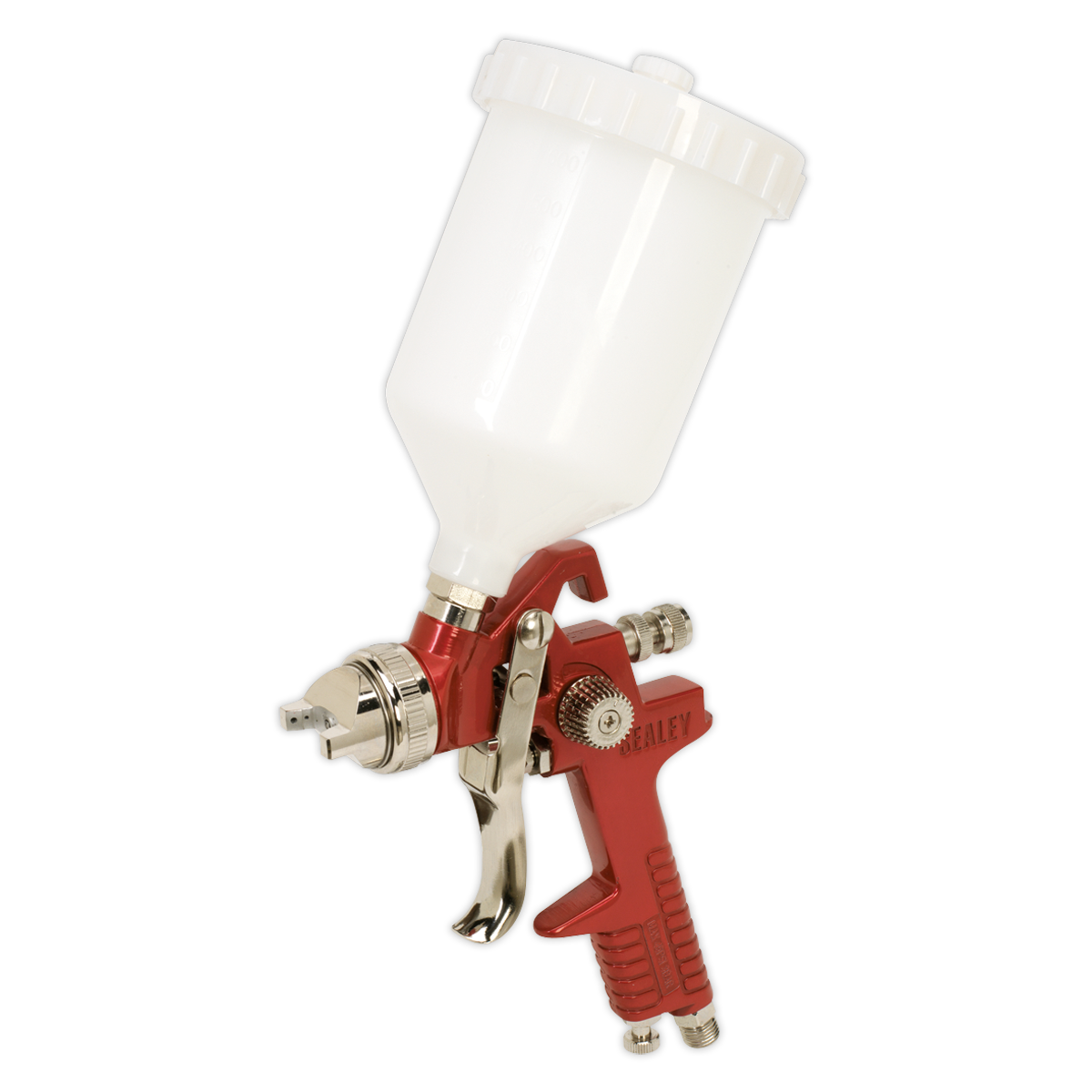 The Sealey HVLP Gravity Feed Spray Gun - 2mm Set-Up (HVLP742) features a red and silver design with a white plastic container on top, making it ideal for high viscosity paints.