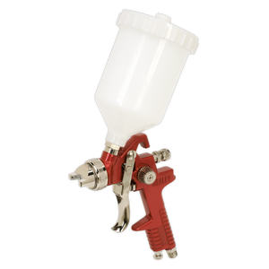 The Sealey HVLP Gravity Feed Spray Gun - 2mm Set-Up (HVLP742) features a red and silver design with a white plastic container on top, making it ideal for high viscosity paints.