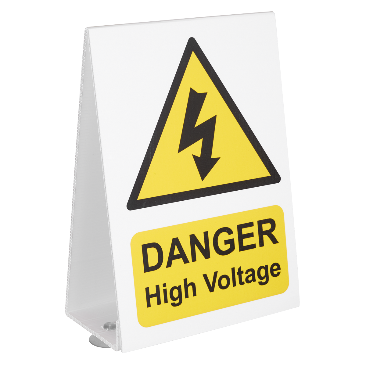 The Sealey High Voltage Vehicle Warning Sign - HVS1 is a triangular yellow sign featuring a black lightning bolt symbol and the text "DANGER High Voltage," displayed on a white stand. It’s ideal for affixing to vehicles using suction cups.