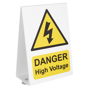 The Sealey High Voltage Vehicle Warning Sign - HVS1 is a triangular yellow sign featuring a black lightning bolt symbol and the text "DANGER High Voltage," displayed on a white stand. It’s ideal for affixing to vehicles using suction cups.