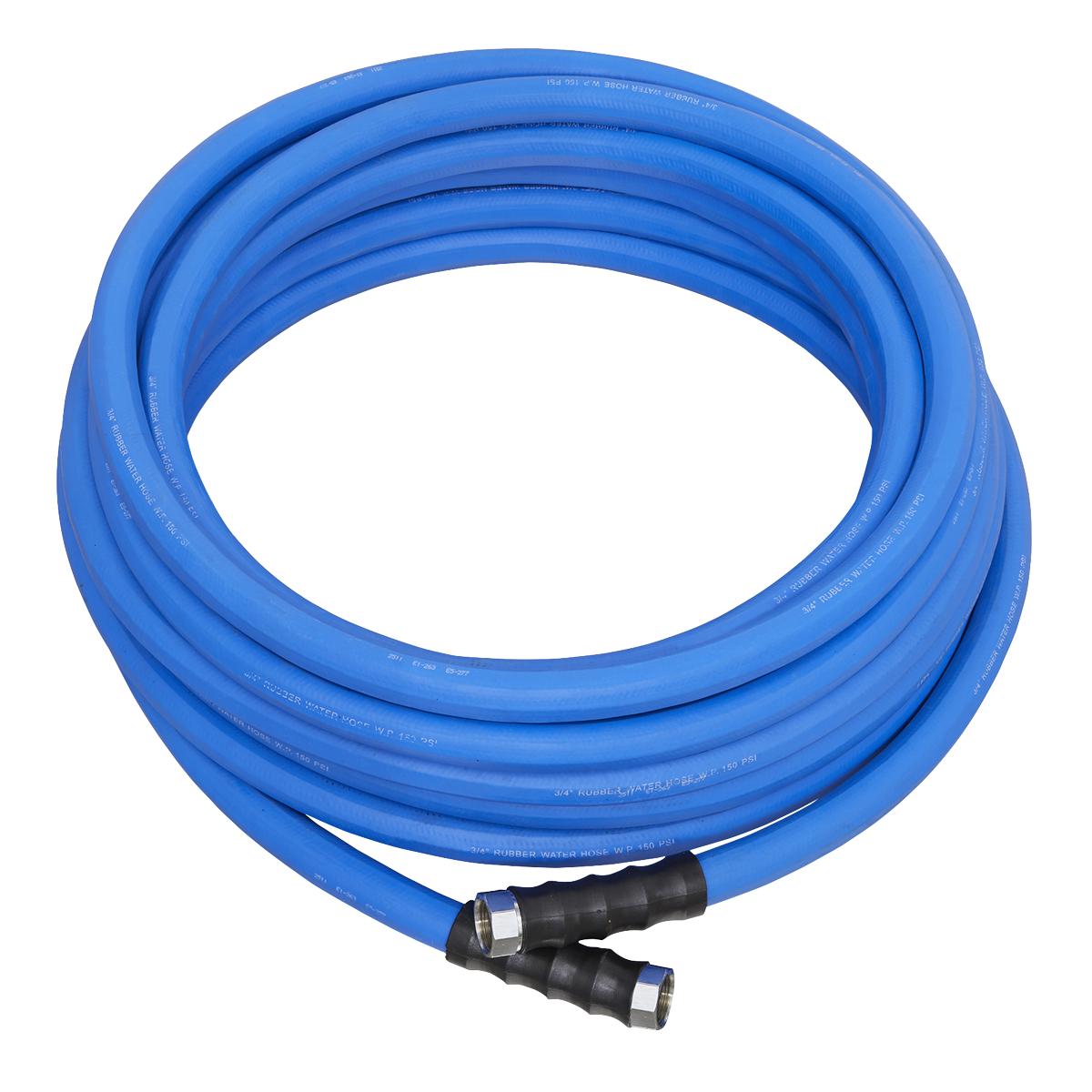 The Sealey Hot & Cold Rubber Water Hose Ø19mm 30m Heavy-Duty - HWH30M is a coiled blue rubber hose with black fittings at both ends, designed for extreme durability in agricultural applications.