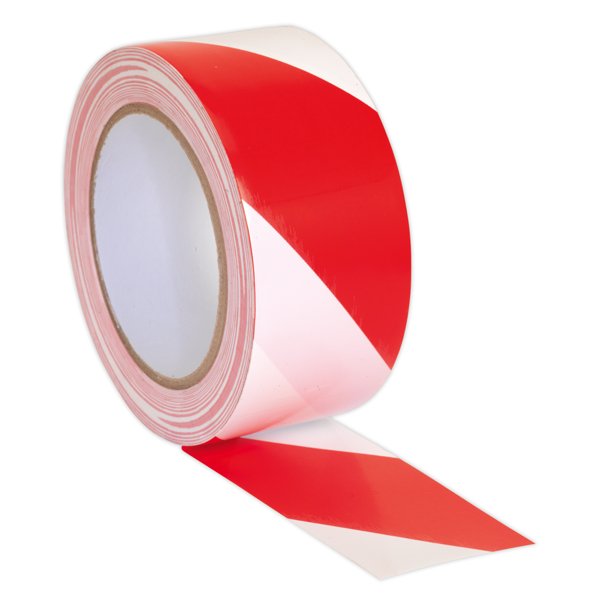 A roll of Sealey Hazard Warning Tape 50mm x 33m Red/White - HWTRW is partially unrolled.