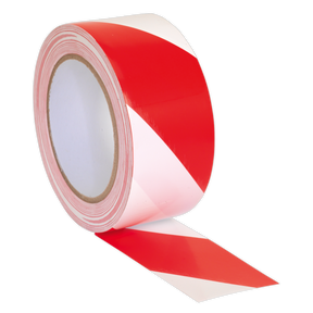 A roll of Sealey Hazard Warning Tape 50mm x 33m Red/White - HWTRW is partially unrolled.