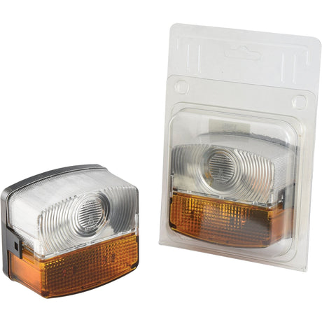 Two Sparex Front Combination Lights (Halogen), 12/24V, RH, Straight - S.29828, one packaged in clear plastic and the other unpackaged. Both feature an Amber/Clear Lens with clear upper sections and amber lower sections.