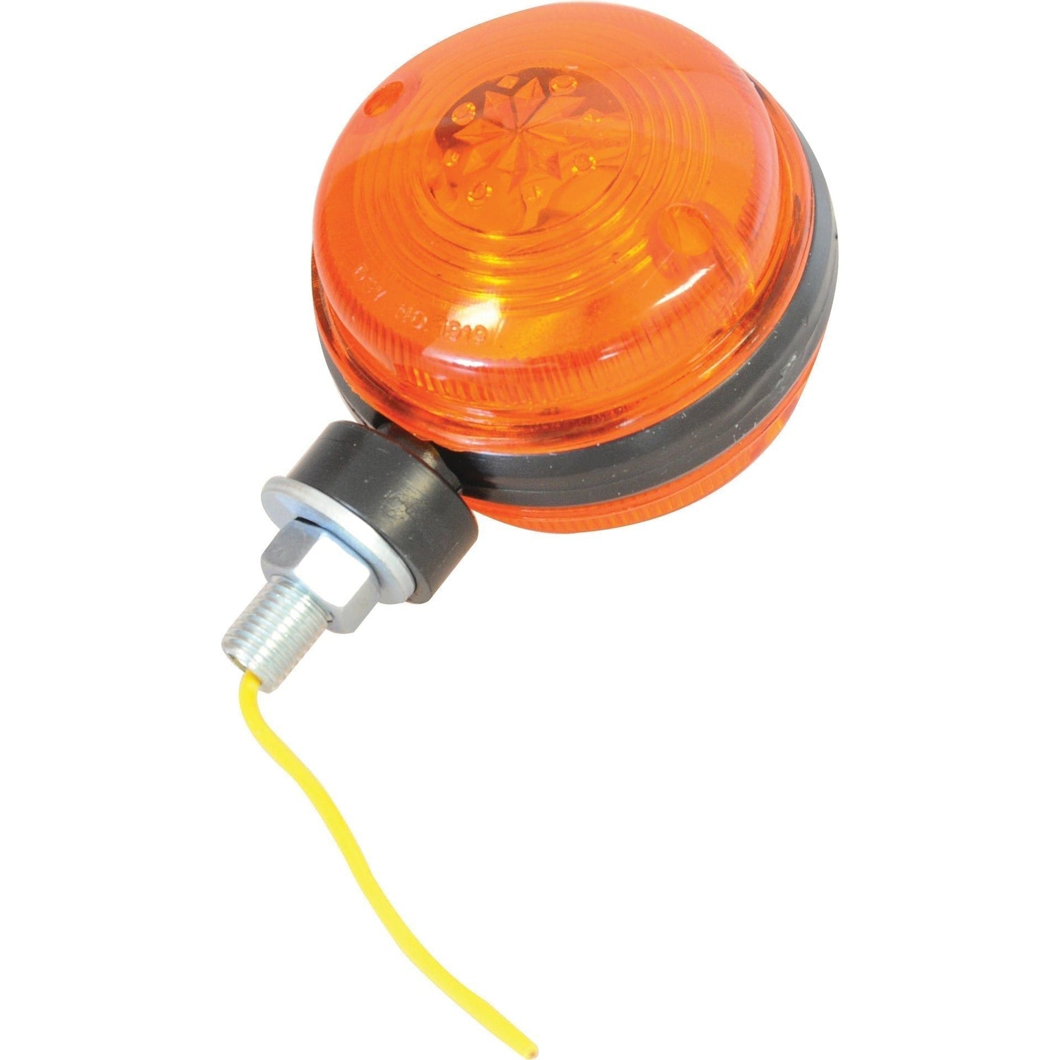Close-up of the Sparex Indicator Light, (Halogen), RH & LH, 12V - S.71975 showcasing an amber lens made from reinforced polycarbonate, equipped with a threaded metal mounting bolt and a yellow wire attached.