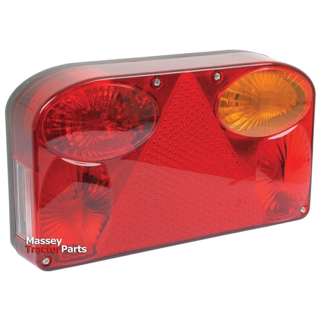 Halogen Rear Combination Light 12V, RH UK - S.24627 by Sparex features a rectangular design with red and amber lenses, built-in reflectors, and a central triangular warning sign. The label "Massey Tractor Parts" is situated in the bottom left corner. Constructed with reinforced polycarbonate for enhanced durability.