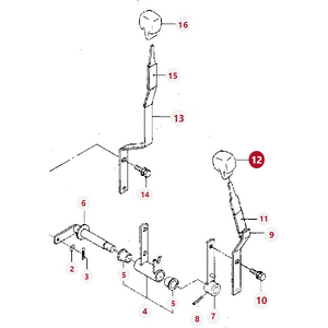 Diagram of a mechanical assembly with labeled parts, including bolts, brackets, and components numbered 1 through 16. Part 12, corresponding to the "Massey Ferguson - HANDLE - 4264802M1" from AGCO related to the PTO Lever for Massey Ferguson Models, is highlighted in red.