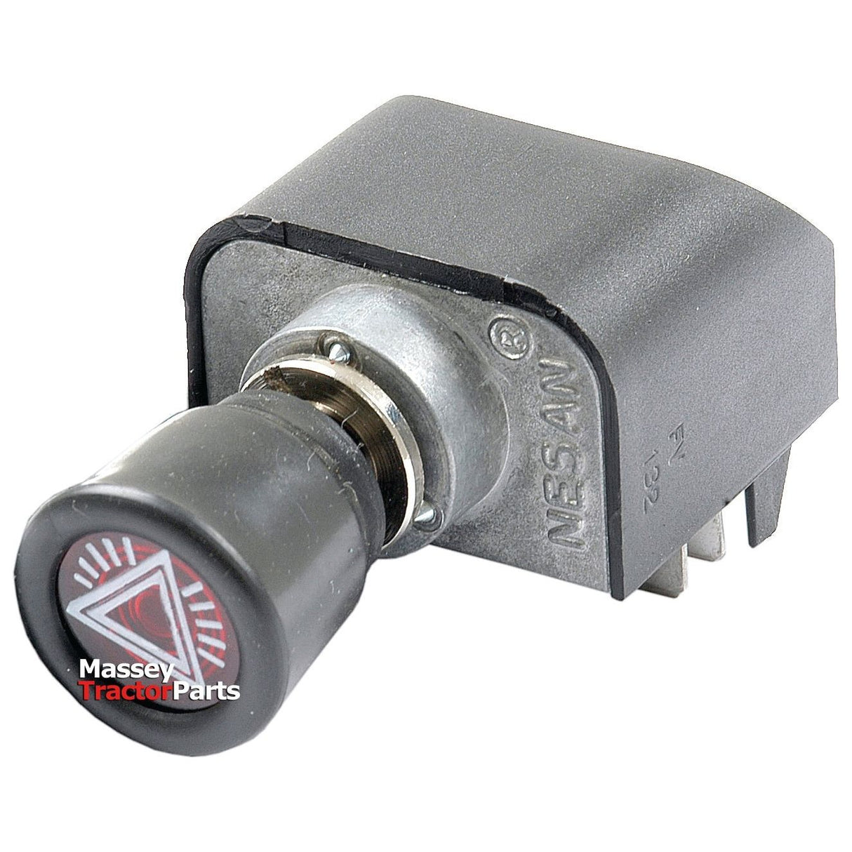 The Sparex Hazard Light Switch (Part No. S.43495) is a high-quality black electrical switch component featuring a cylindrical handle with a Massey Ferguson logo and a red hazard symbol. It has a metal base attached to a rectangular housing with three metal prongs, making it ideal for those seeking quality Massey Tractor Parts from Sparex.