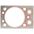 The Sparex Head Gasket - 1 Cyl. (Z4901, Z4904, Z5001, Z5201, Z5201T) | Sparex Part No. S.71284 features a rectangular metal design with multiple circular cutouts of various sizes outlined in red, set against a white background.