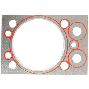 The Sparex Head Gasket - 1 Cyl. (Z4901, Z4904, Z5001, Z5201, Z5201T) | Sparex Part No. S.71284 features a rectangular metal design with multiple circular cutouts of various sizes outlined in red, set against a white background.