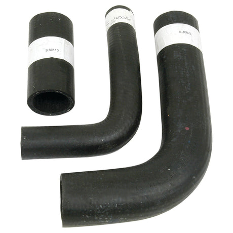 The Hose Set | Sparex Part No.S.43013 by Sparex includes three rubber hoses of varying lengths and shapes, each labeled with a white paper strip. The set is compatible with Massey Ferguson TEF20 and contains two elbows and one straight piece.
