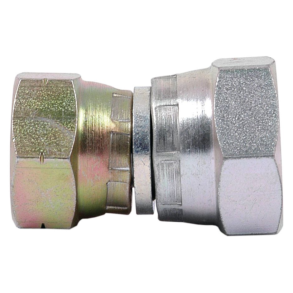 A close-up view of a hex nut coupling, highlighting its metallic texture and interlocking design with a silver finish on one end and a yellowish tint on the other, ideal for pairing with the Sparex Hydraulic Adaptor 1/2'' BSP Swivel Female x M18x1.50 Metric Swivel Female (Sparex Part No.S.12016).