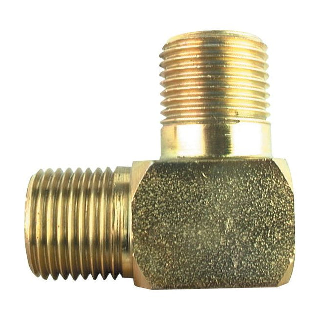 The Sparex Hydraulic Adaptor 1/2'' BSP Male x 1/2'' BSP Male 90° Compact Elbow, Part No. S.14123, is a brass hydraulic adaptor featuring three BSP male threaded ends forming a right-angle shape.