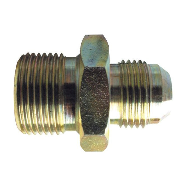 The Sparex Hydraulic Adaptor 1/2'' BSP Male x 7/16'' JIC Male (Part No. S.14128) is a brass male-to-male pipe connector with a hex nut in the center, featuring threaded ends for joining pipes, making it an ideal hydraulic adaptor.